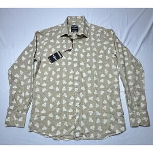 NWT Barabas Men's LS Tan White Heart Print Button Up Dress Shirt - Size L*